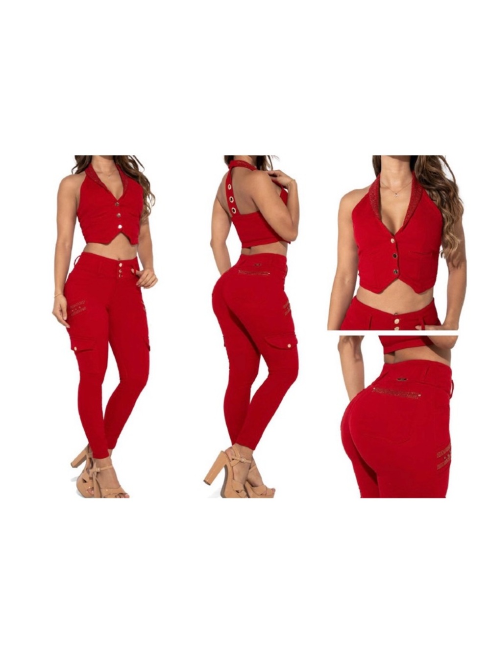 2 pcs Red High-Waist Cargo Jumpsuit Set